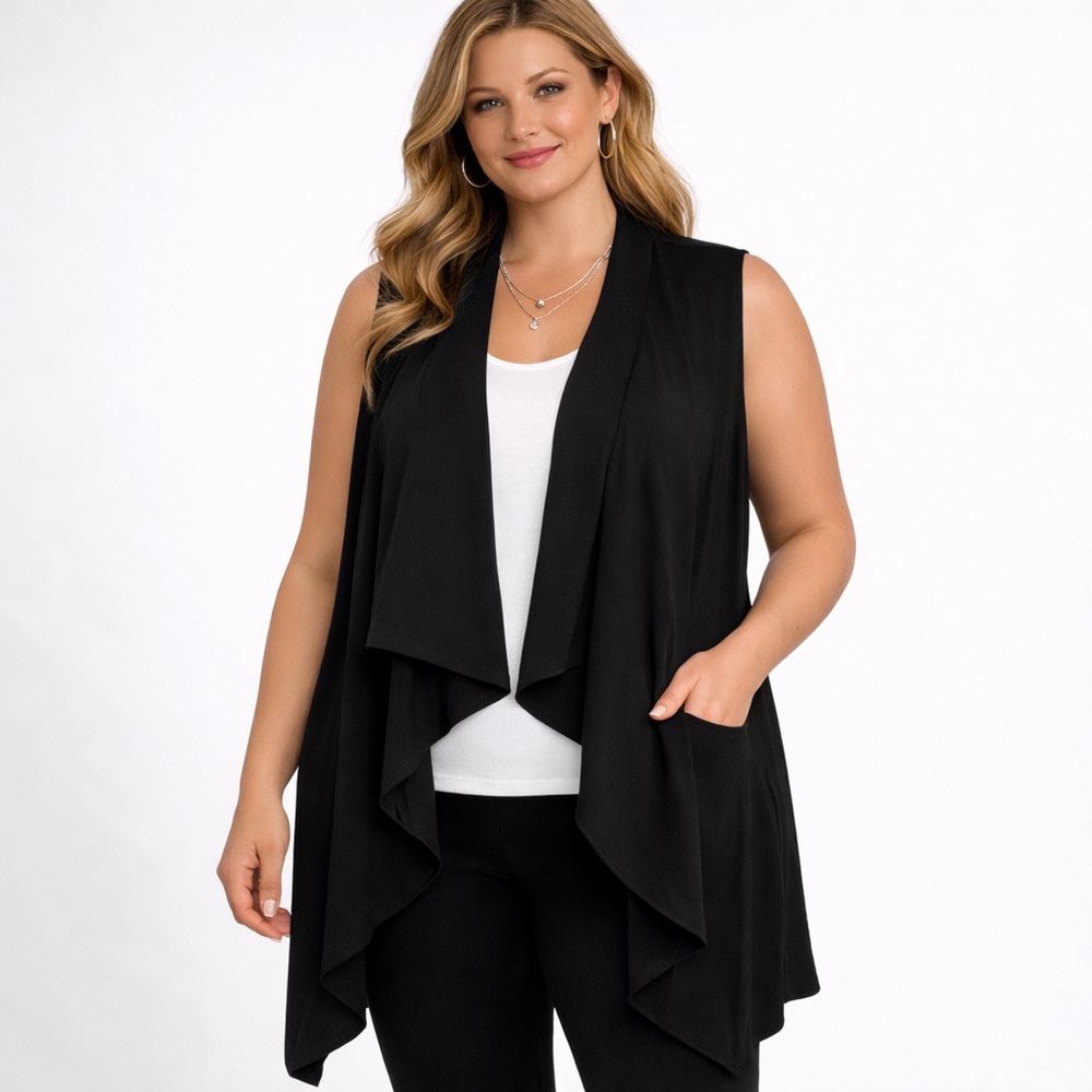 CJ Banks - Versatile Black Open Waterfall Front Cardigan Vest-‎ Women's X